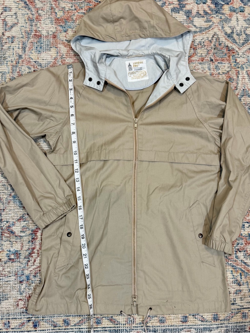 VTG London Fog Rain Jacket Tan Trench Coat Preppy Luxury Hooded Mid-Length 7/8 S - Picture 9 of 11